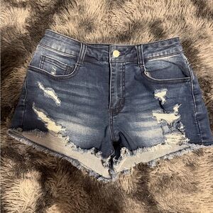 High-Rise Distressed Denim Shorts - Dark Blue